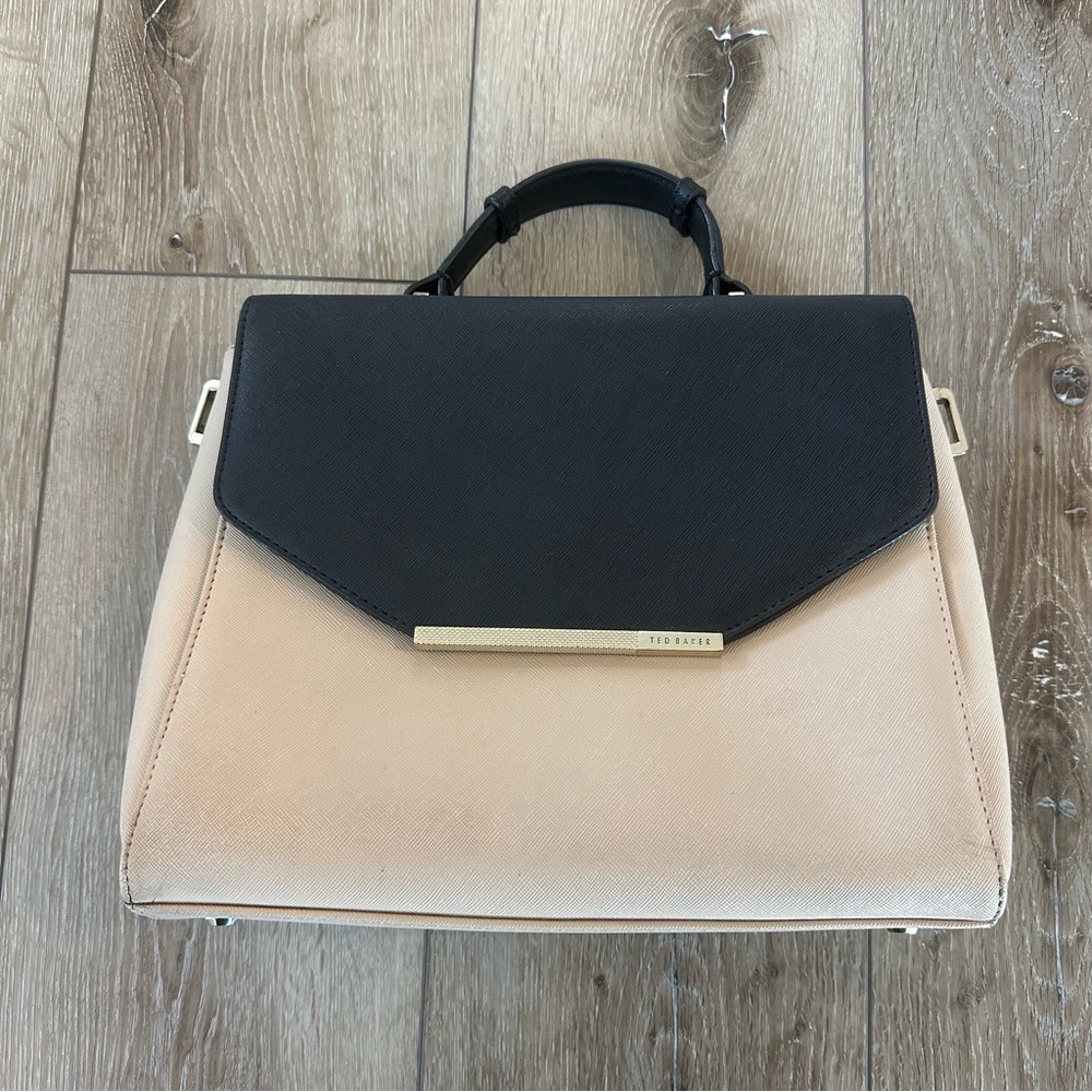 Ted Baker Black Cream Too Handle Tote Purse Bag Magnetic Flap Modern Capsule Bag